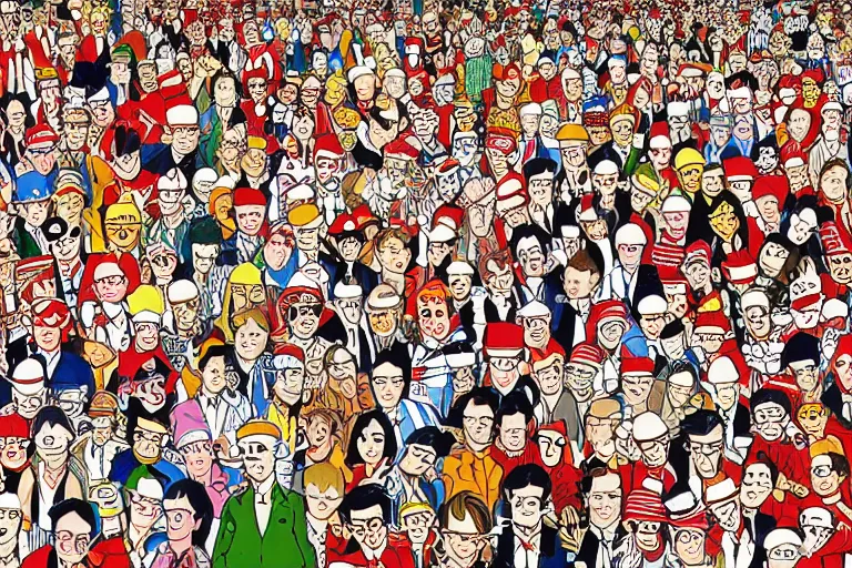 Image similar to an elaborate penned illustration of a convention of waldo's, where's wally, where's waldo, by martin hand ford, by jan van haasteren, wes anderson and geoff darrow!!!!!