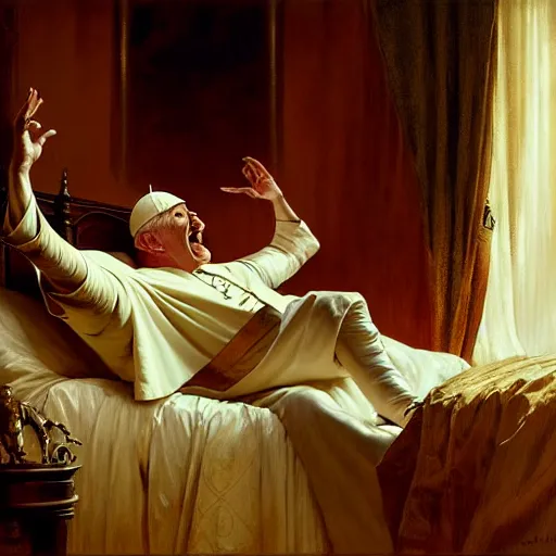 Prompt: the pope wakes up is his bed, sweating, nervous, terrified, because a double horned shadow demon lurks in the curtains of the papal bedroom. highly detailed painting by gaston bussiere, j. c. leyendecker, greg rutkowski, craig mullins 8 k