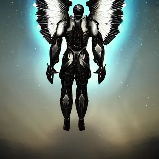 Image similar to a angel that is wearing armor that resembles the universe and has a halo made out of a black whole and with four wings on his back, 4 k