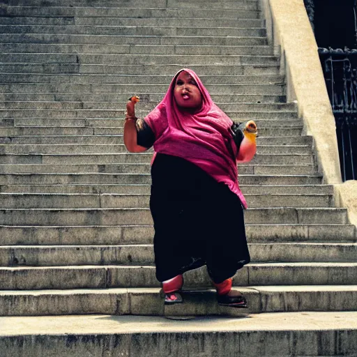 Image similar to a fat Indian woman holding a rollator on steps in Porto, greg rutkowski