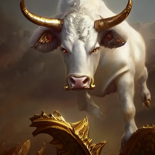 Prompt: a white bull with angelic wings and golden horns, epic fantasy digital art, fantasy style art, by Greg Rutkowski, fantasy hearthstone card art style