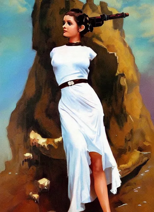 Prompt: oil painting of Princess Leia white ceremony dress torn ripped by frank frazetta alluring pin up deviant art seductive