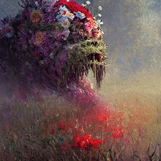 Image similar to a beautiful terrifying monster made of flowers. ethereal horror fantasy art by greg rutkowski and raymond swanland and monet