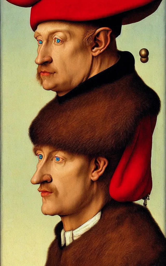 Image similar to 3/4 bust portrait of a high fantasy elf mall cop by Jan van Eyck