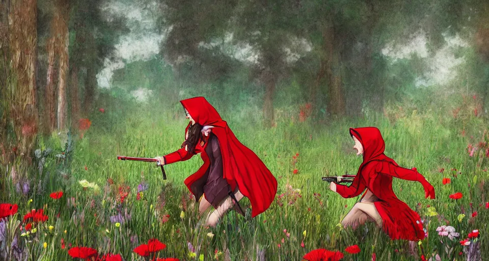 Prompt: Red Riding Hood fighting off the Big Bad Wolf with a rifle in a field of flowers, digital painting, detailed