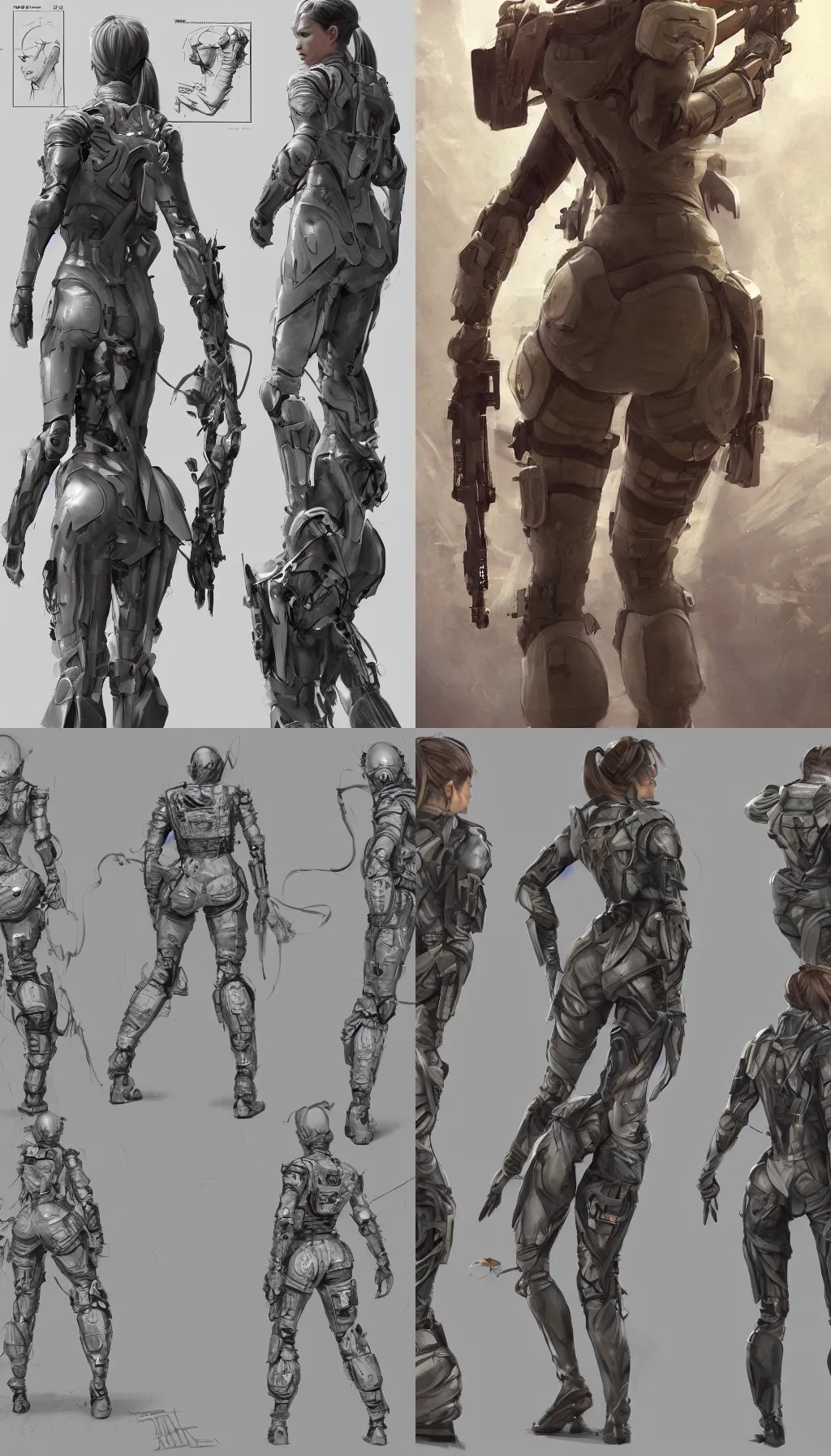 Prompt: full body tactical military sci-fi female character from behind, character design sheet, made by Stanley Artgerm Lau, WLOP, Rossdraws, James Jean, Andrei Riabovitchev, Marc Simonetti, Yoshitaka Amano, ArtStation, CGSociety, concept art, cgsociety, octane render, trending on artstation, artstationHD, artstationHQ, unreal engine, 4k, 8k