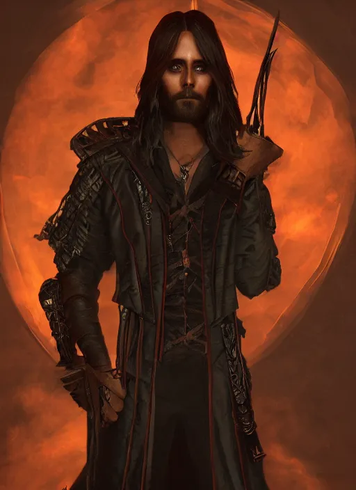 Image similar to A fantasy comic book style portrait painting of Jared Leto as a witchhunter in a atmospheric dark fortress, unreal 5, DAZ, hyperrealistic, octane render, RPG portrait, ambient light, dynamic lighting