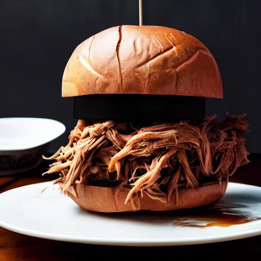 Image similar to monster that looks like a pulled pork sandwich, bbq sauce splashes, dark lighting, moonlight, horror, scary, hyper-realistic