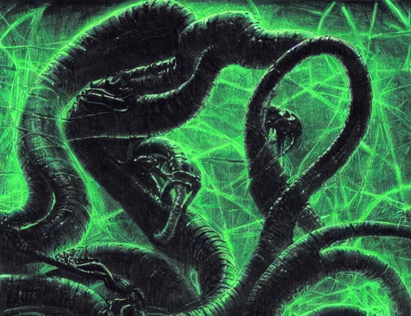 Image similar to a close - up view portrait of a silhouetted supernatural laser snake in brutalist halls with metallic alien technology. close - up view, detailed textures. glowing green purple fog, dark black background. poison skull face, highly detailed fantasy science fiction painting by moebius, norman rockwell, frank frazetta, and syd mead. rich colors, high contrast