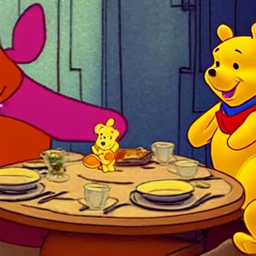 Image similar to Winnie the Pooh invites Tiger and Piglet to dine in a very fancy restaurant.