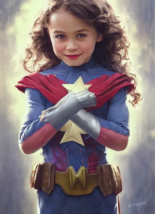 Image similar to a little girl with a mischievous face and light brown curly wavy hair. she is dressed as captain america, batman, the flash, captain marvel, wonder woman, a superhero. clean elegant painting, beautiful detailed face. by artgerm and greg rutkowski and alphonse mucha