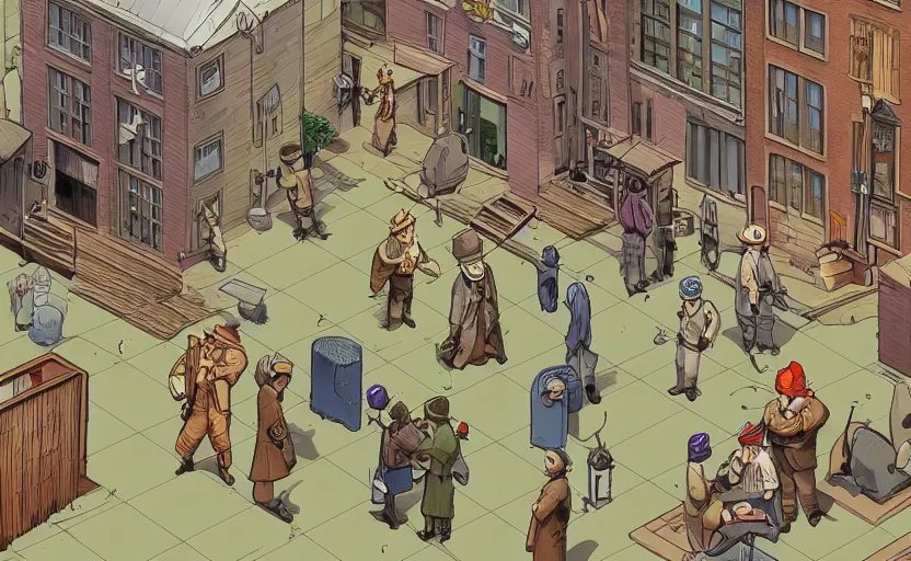 Image similar to townsmen meet a detective to present a new case outside his office building, moebius, print, game art