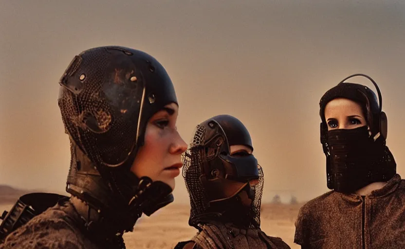 Image similar to cinestill 5 0 d photographic portrait by helen levitt of two loving female androids wearing rugged black mesh techwear on a desolate plain, extreme closeup, modern cyberpunk, dust storm, 8 k, hd, high resolution, 3 5 mm, f / 3 2, ultra realistic faces, ex machina