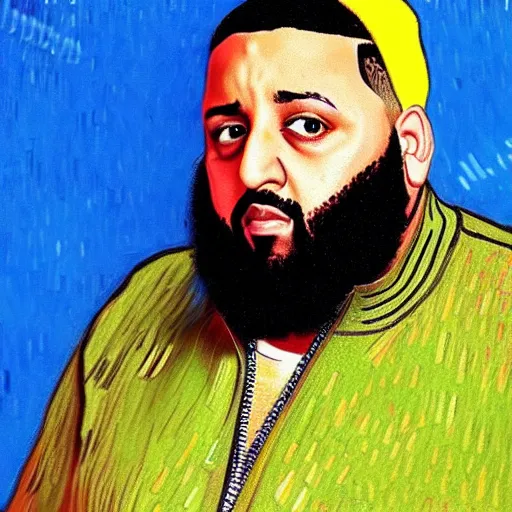 Image similar to ultra realistic portrait of dj khaled in a studio, ultra detailed, under blue, red and yellow cinematic lighting, by van gogh, cartoon