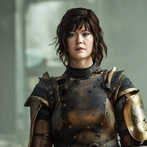 Image similar to mary elizabeth winstead as a warrior in a dystopian future