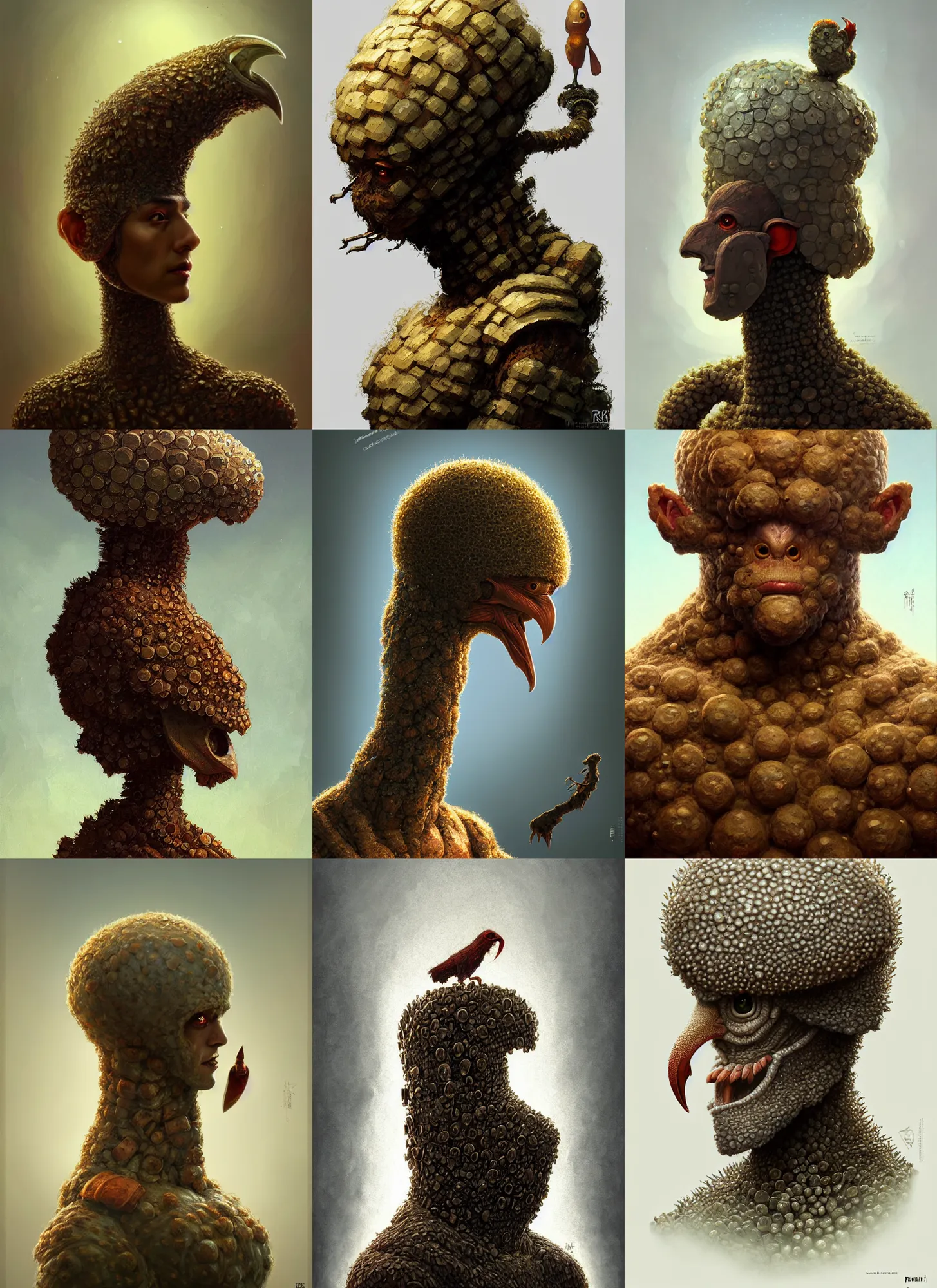 Prompt: rpg! profile! portrait of a fungus humanoid golem bird on white background, beak, intricate, highly detailed, digital painting, artstation, concept art, smooth, sharp focus, illustration, art by norman rockwell ponzi remnev lossel currin jasinski albright hsiao - ron cheng, 8 k