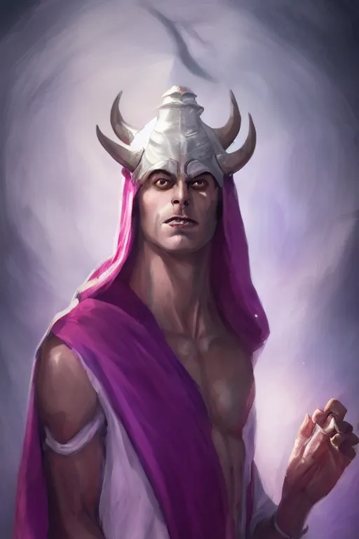 Image similar to djinn man male demon, portrait, full body character, concept art, purple cloak, single face, illustration, white spiral drill horns, single face, cinematic color grading, editorial photo, fashion, hyperrealism, trending on artstation, Charlie Bowater, WLOP