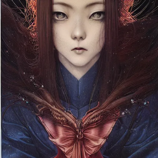 Prompt: realistic detailed face portrait of Nakamura Aya in japanese school uniform in the center of blazing storm, dramatic lighting, Ayami Kojima, Amano, Charlie Bowater, Karol Bak, Greg Hildebrandt, Jean Delville, and Mark Brooks, Art Nouveau, Neo-Gothic, gothic, rich deep moody colors