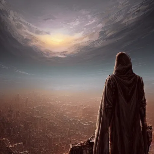 Image similar to hooded figure standing at the edge of reality gazing into the unknown, sunset on distant machine planet, steampunk, cyberpunk, detailed digital painting, smooth, sharp focus, artstation, artgerm, 4 k ultra hd, fantasy dark art