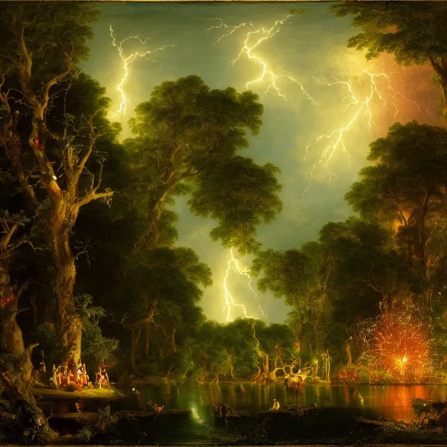 Prompt: a night carnival around a magical tree cavity with a rounded scenario with many fireworks and christmas lights, in a summer storm, next to a lake with iridiscent water, volumetric lightning, folklore people disguised as fantastic creatures in a magical forest by summer night, masterpiece painted by thomas cole, scene by night, dark night environment, refraction lights, glares