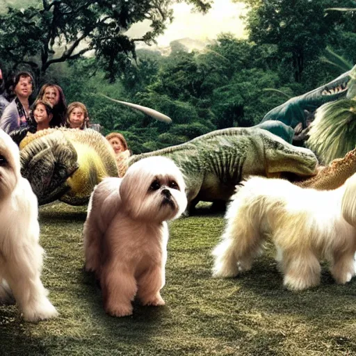 Prompt: A Herd of Shih Tzu in Jurrasic Park, Dinosaurs, Multiple Animals, Fangs