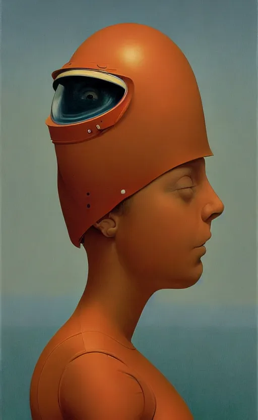 Image similar to portrait An astronaut girl wearing helmet with tight black latex dress, Edward Hopper and James Gilleard, Zdzislaw Beksinski, Mark Ryden, Wolfgang Lettl highly detailed