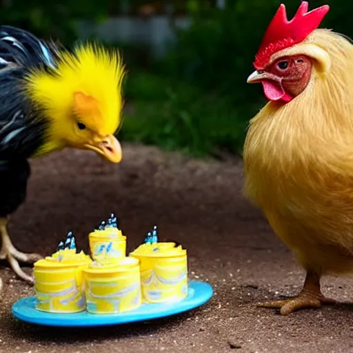 Prompt: yellow newly hatched baby Chick with a rooster have a celebration with birthday cake