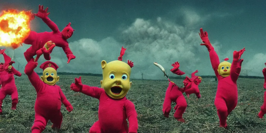 Image similar to the nuclear apocalypse as portrayed by tellytubbies