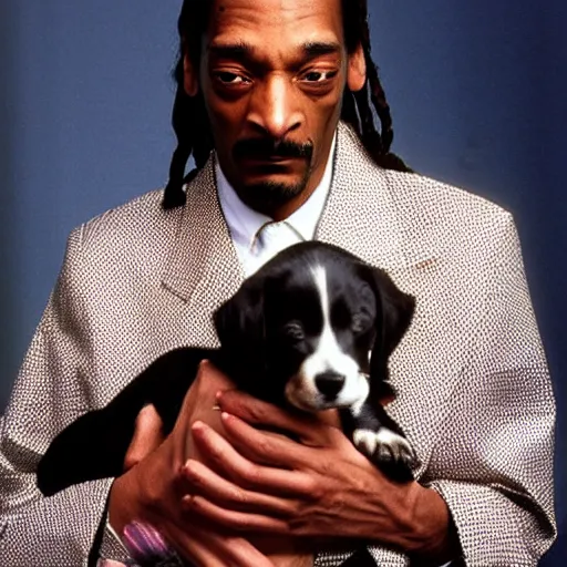 Prompt: Snoop Dogg crying while holding a puppy for a 1990s sitcom tv show, Studio Photograph, portrait, very sad C 12.0