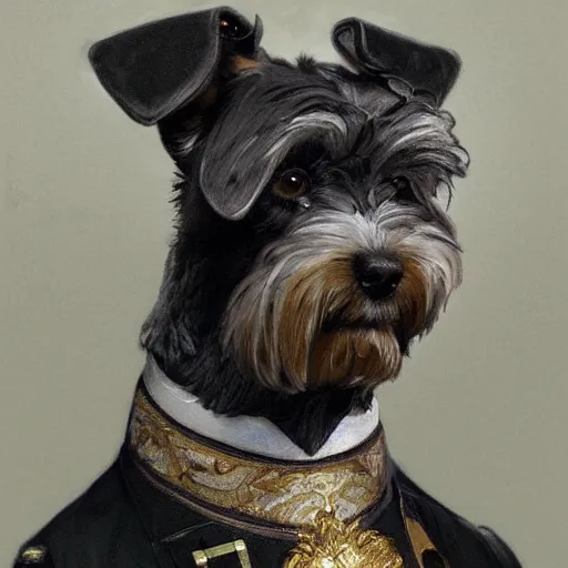 Image similar to portrait of stoic looking miniature schnauzer, military uniform, black fir, white eyebrows, fantasy, intricate, elegant, highly detailed, centered, dark, smokey, charcoal painting, digital painting, artstation, concept art, smooth, sharp focus, illustration, art by alphonse mucha