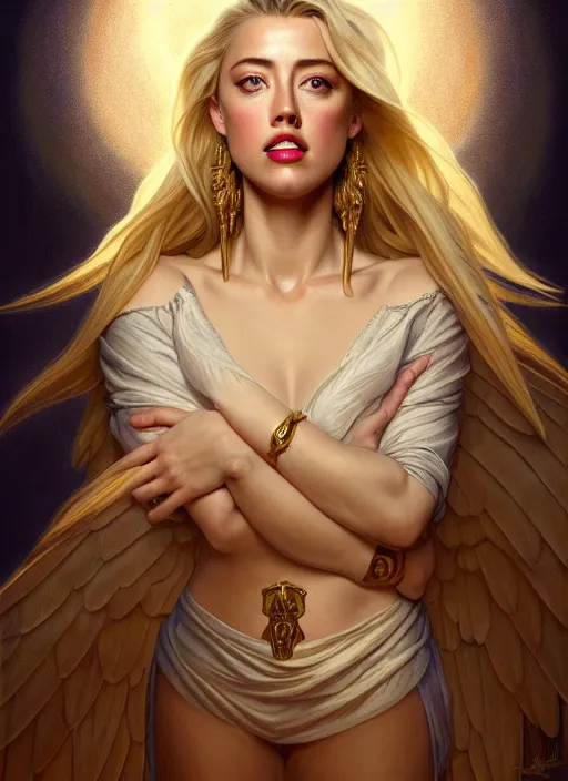 Image similar to portrait of amber heard as an blonde angel, wings, bible, intricate, headshot, highly detailed, digital painting, artstation, concept art, sharp focus, cinematic lighting, illustration, art by artgerm and greg rutkowski, alphonse mucha, cgsociety