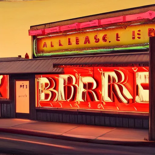 Prompt: painting of a bar exterior in antique western town with neon signs, todd hido