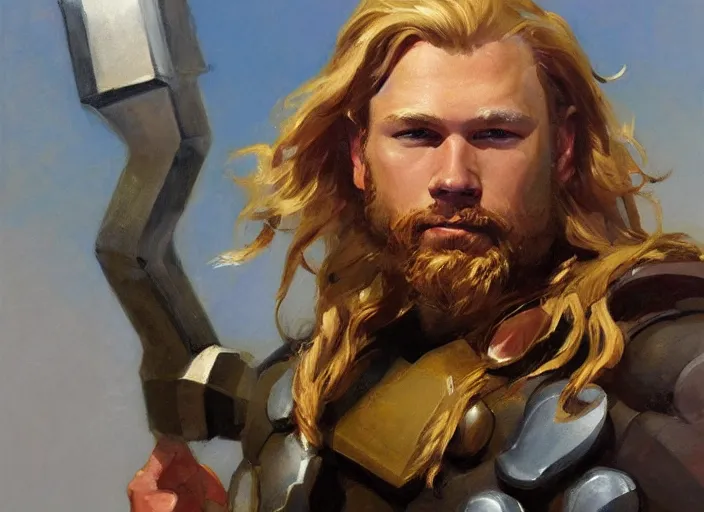 Image similar to a highly detailed beautiful portrait of thor, by gregory manchess, james gurney, james jean