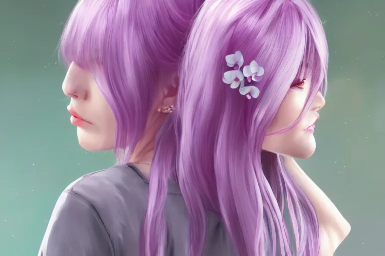 Image similar to A girl who's hair is light-silvery pink with orchid purple eyes, waist-length. Wearing a cherry blossom chopstick in the bun of her hair. Her skin is Ivory White pixiv artist WLOP artstation artist Mam BA artstation real photo very detailed