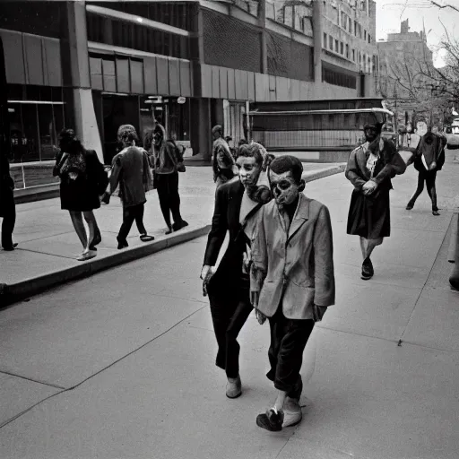 Image similar to street photography from 1961 Chicago, zombies walking politely down the sidewalk, in the style of Vivian Maier