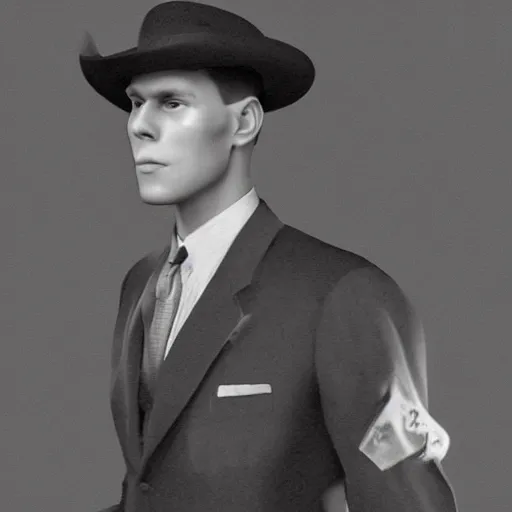 Image similar to A photograph portrait of Jerma985 wearing a suit with and fedora in the 1940s, taken in the early 1940s, grainy, taken on a 940s Kodak Camera, realistic, hyperrealistic, very realistic, highly detailed, very detailed, extremely detailed, detailed, digital art, trending on artstation