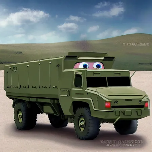 Image similar to HIMARS with eyes and smile, Cars Pixar movie style, detailed, green