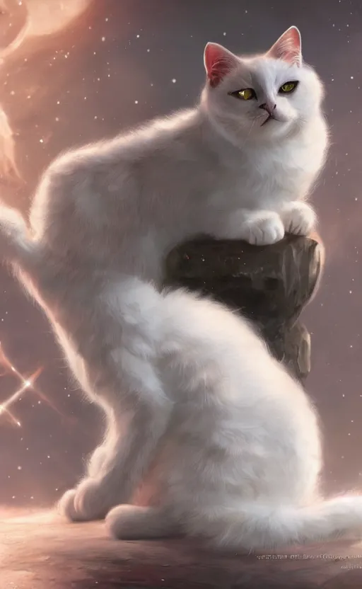 Image similar to a white cat with cosmos in its eyes, dynamic lighting, photorealistic fantasy concept art, trending on art station, stunning visuals, creative, cinematic, ultra detailed