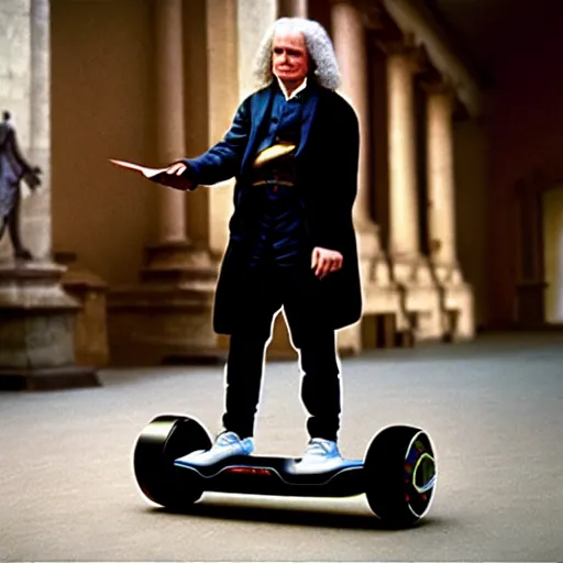 Prompt: uhd photorealisitc candid photo of sir isaac newton on a hoverboard. correct face, accurate face. photo by annie leibowitz and steve mccurry