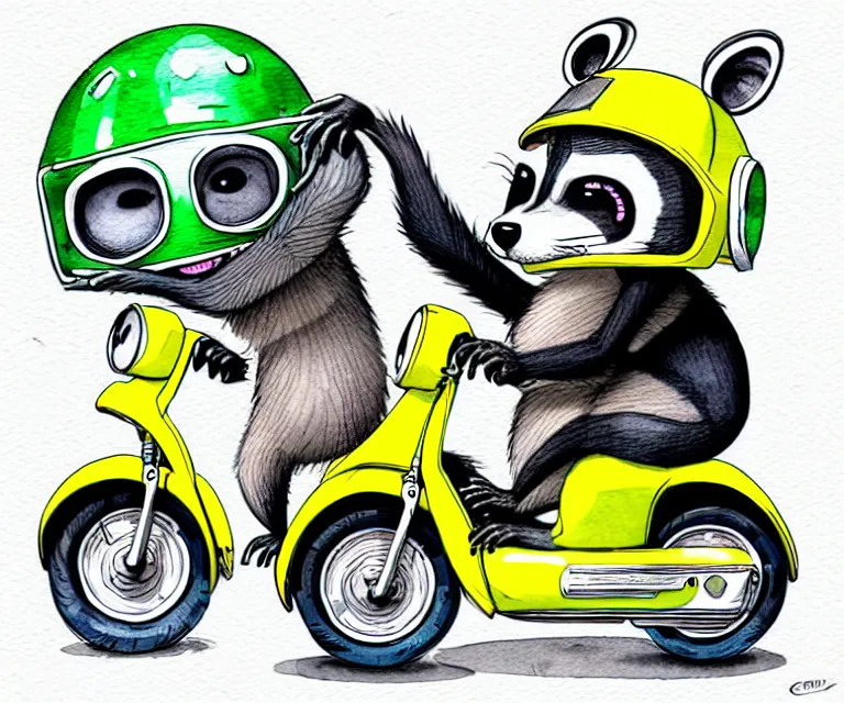 Image similar to cute and funny, racoon wearing a helmet riding in a tiny moped scooter with oversized engine, ratfink style by ed roth, centered award winning watercolor pen illustration, isometric illustration by chihiro iwasaki, edited by range murata