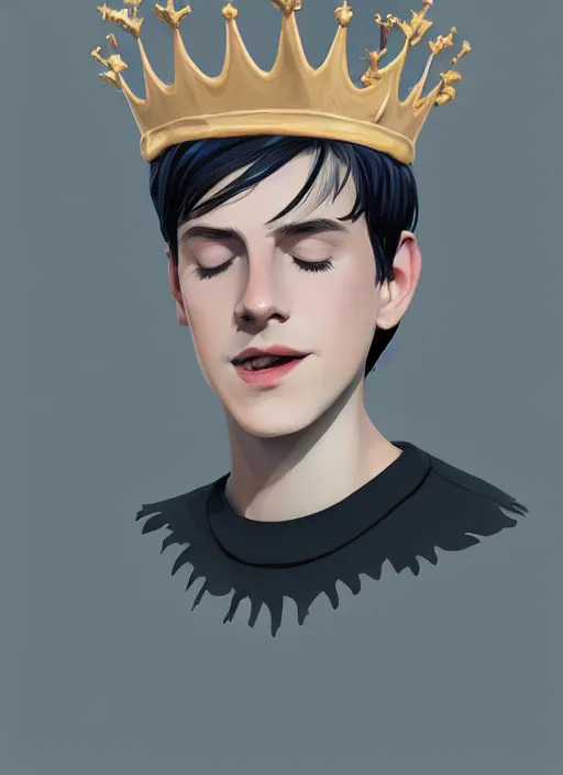 Image similar to portrait of teenage jughead jones wearing a light grey crown, photorealistic, crown, eyes closed, crown, black hair, sweater with letter s on it, letter s, intricate, elegant, glowing lights, highly detailed, digital painting, artstation, concept art, smooth, sharp focus, illustration, art by wlop, mars ravelo and greg rutkowski