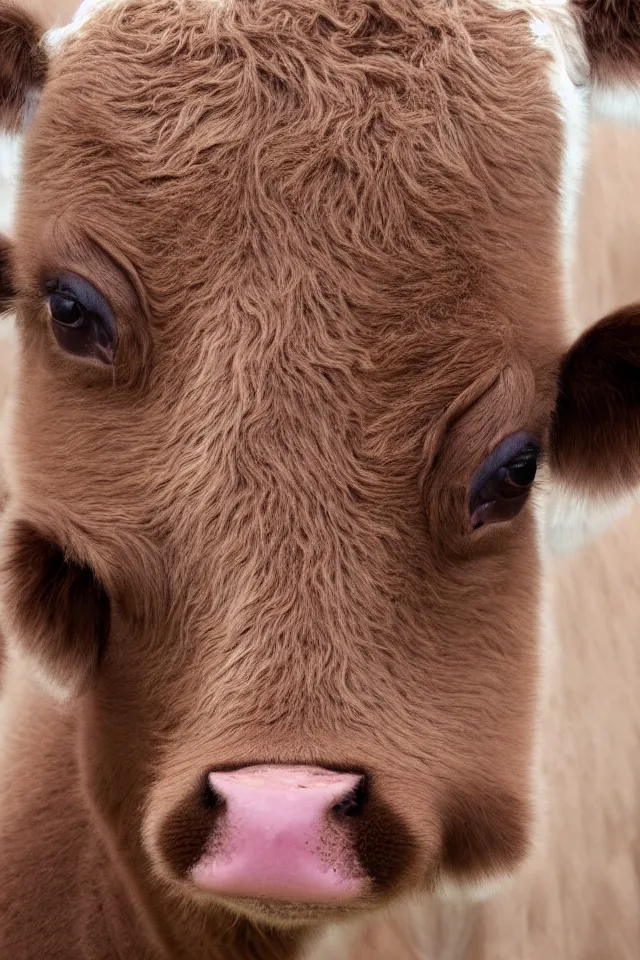 Prompt: a cute calf looking into the camera
