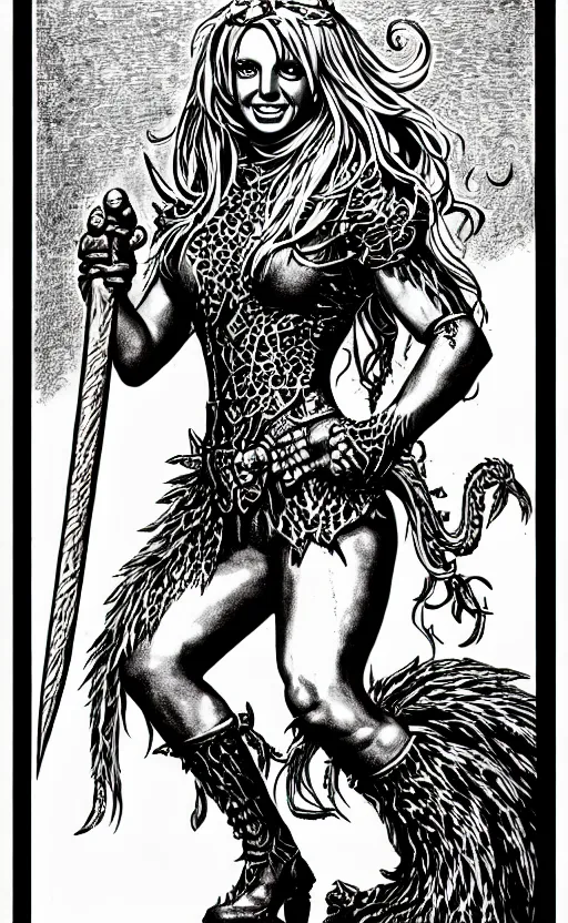 Image similar to britney spears as a d & d monster, full body, pen - and - ink illustration, etching, by russ nicholson, david a trampier, larry elmore, 1 9 8 1, hq scan, intricate details, inside stylized border