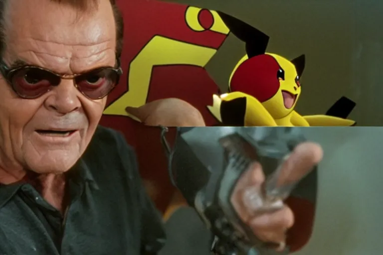 Prompt: Jack Nicholson plays Pikachu Terminator, scene where his inner exoskeleton is visible and his eye glows red, still from the film