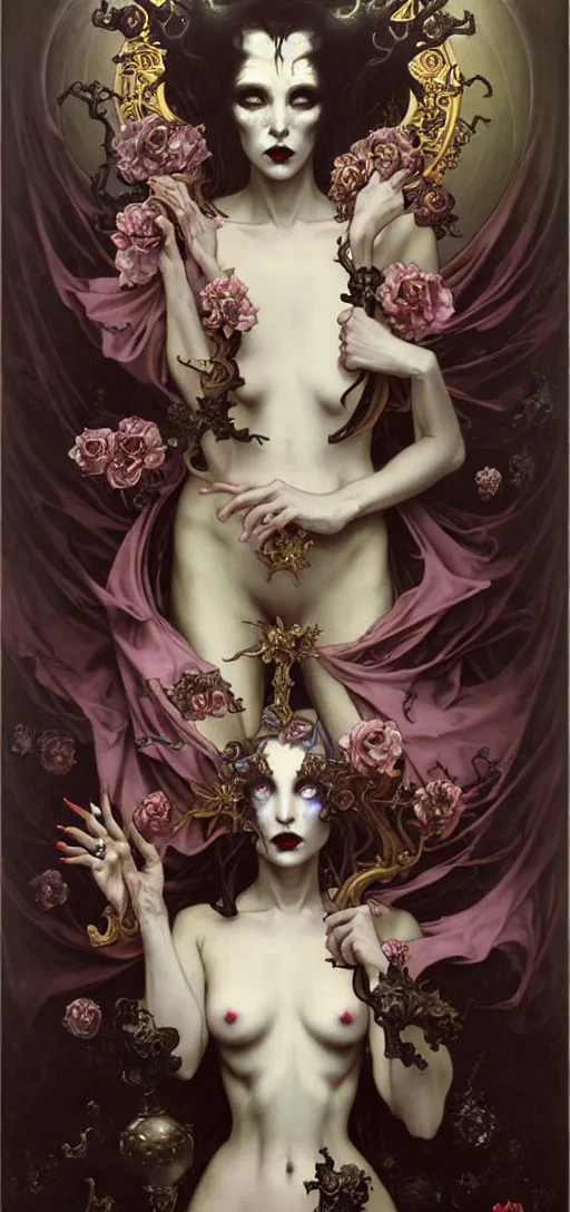 Image similar to baroque oil painting of vampire princess in gothic robes, by nekro, peter mohrbacher, alphonse mucha, brian froud, yoshitaka amano, kim keever, victo ngai, james jean