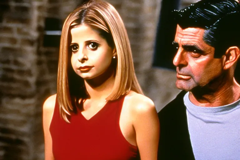 Prompt: sarah michelle gellar as buffy and cary grant as giles in buffy the vampire slayer