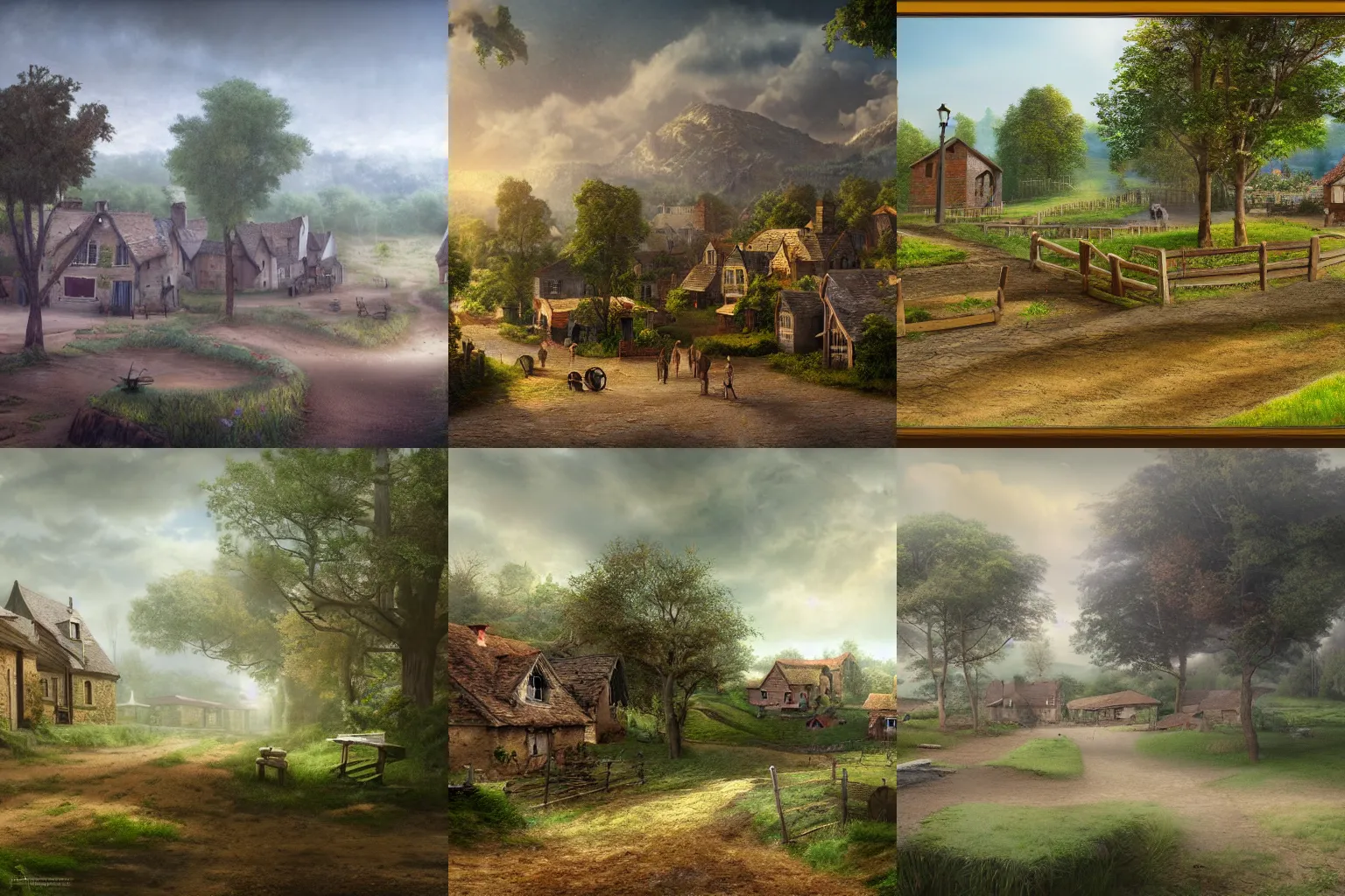 Prompt: Countryside town landscape. Woodland Village matte painting