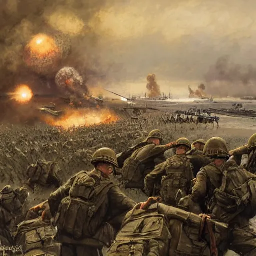 Image similar to all of the soldiers landing at france in 1 9 4 4 d - day and they're all fighting the germans in the background there is a huge explosion in a couple of german bunkers by greg rutkowski