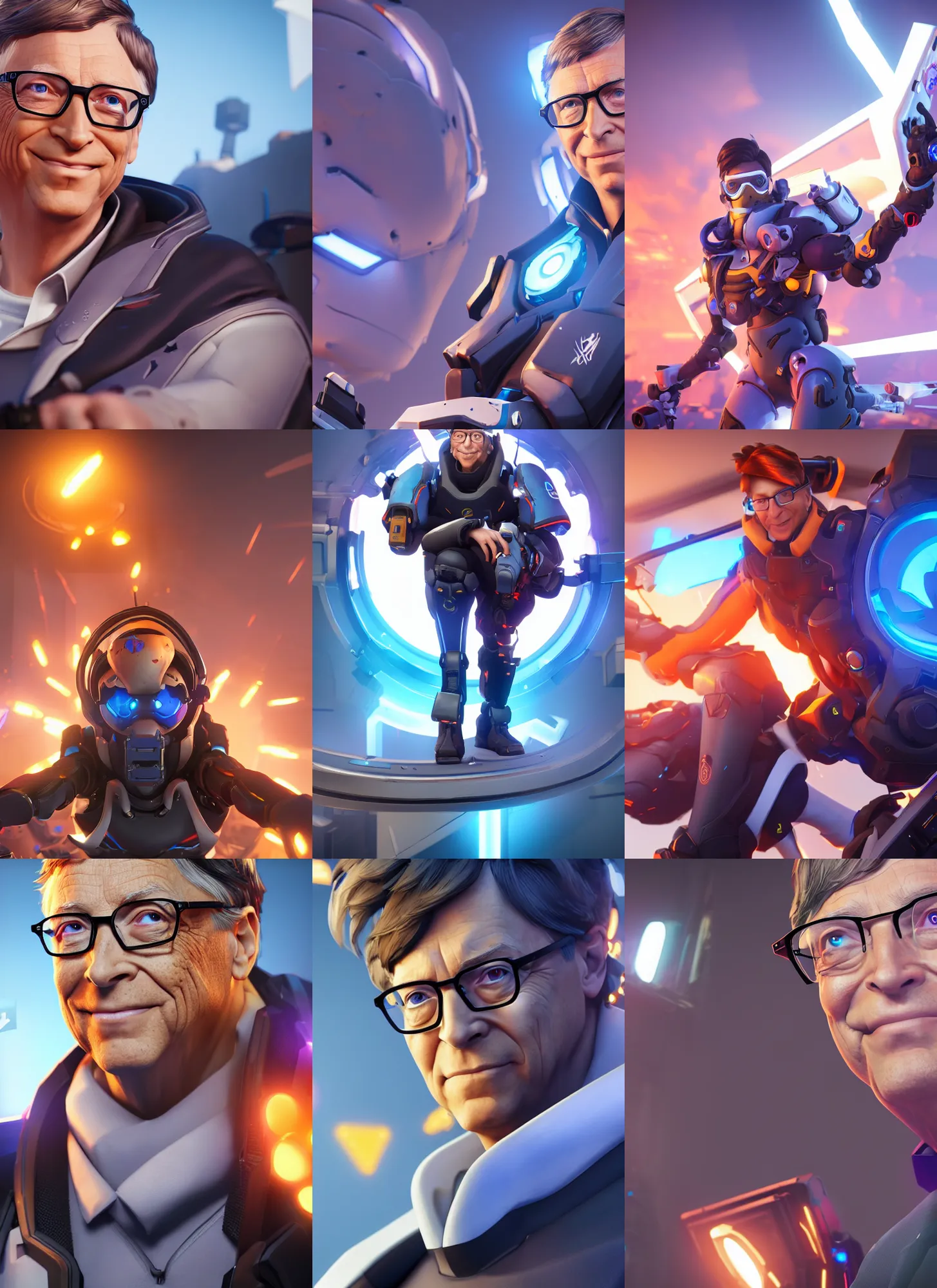 Image similar to bill gates in overwatch, overwatch fanart, trending on artstation, 8 k, octane render, detailed lighting, high quality render, aesthetic, unreal engine