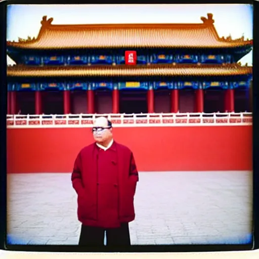 Image similar to polaroid of george costanza wearing chinese communist clothing in the forbidden city, colored, taschen, by nan goldin